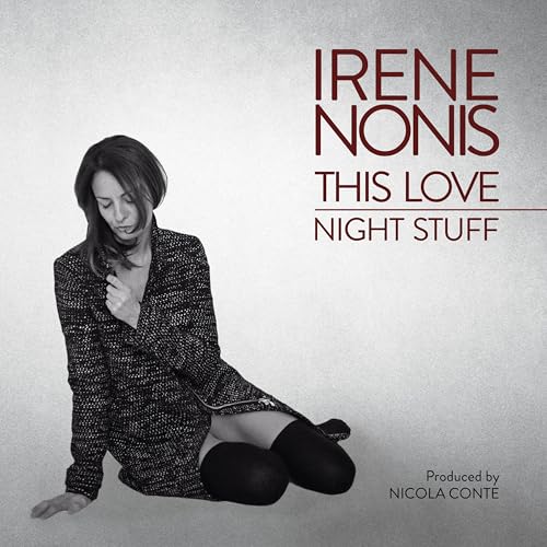 Black and white album cover featuring Irene Nonis kneeling, with text overlay.