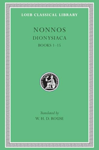 Green book cover with gold border, title "Dionysiaca" and classical library seal.