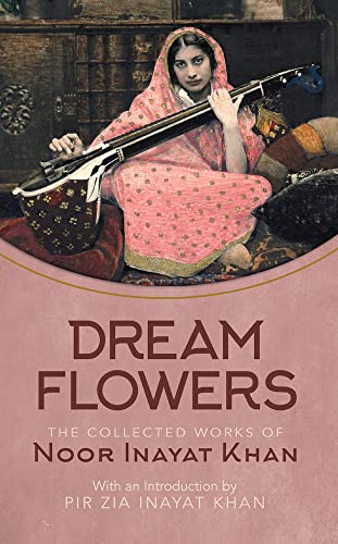 Book cover featuring a woman with a sitar, titled “Dream Flowers.”