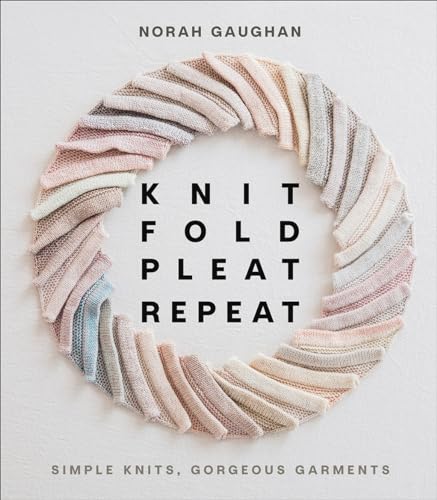 Book cover with a circular arrangement of pastel knitted swatches and centered black text.
