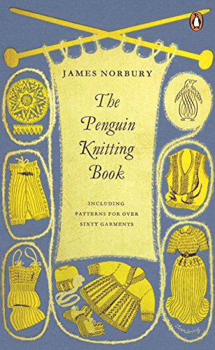 Book cover with knitting patterns, a penguin, and yellow accents.