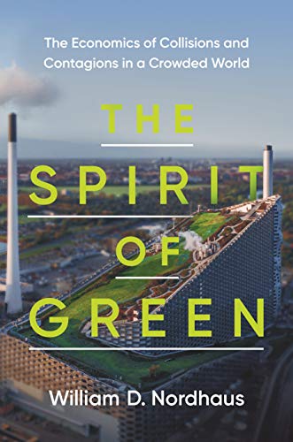 Book cover with green title text over a building and city landscape.