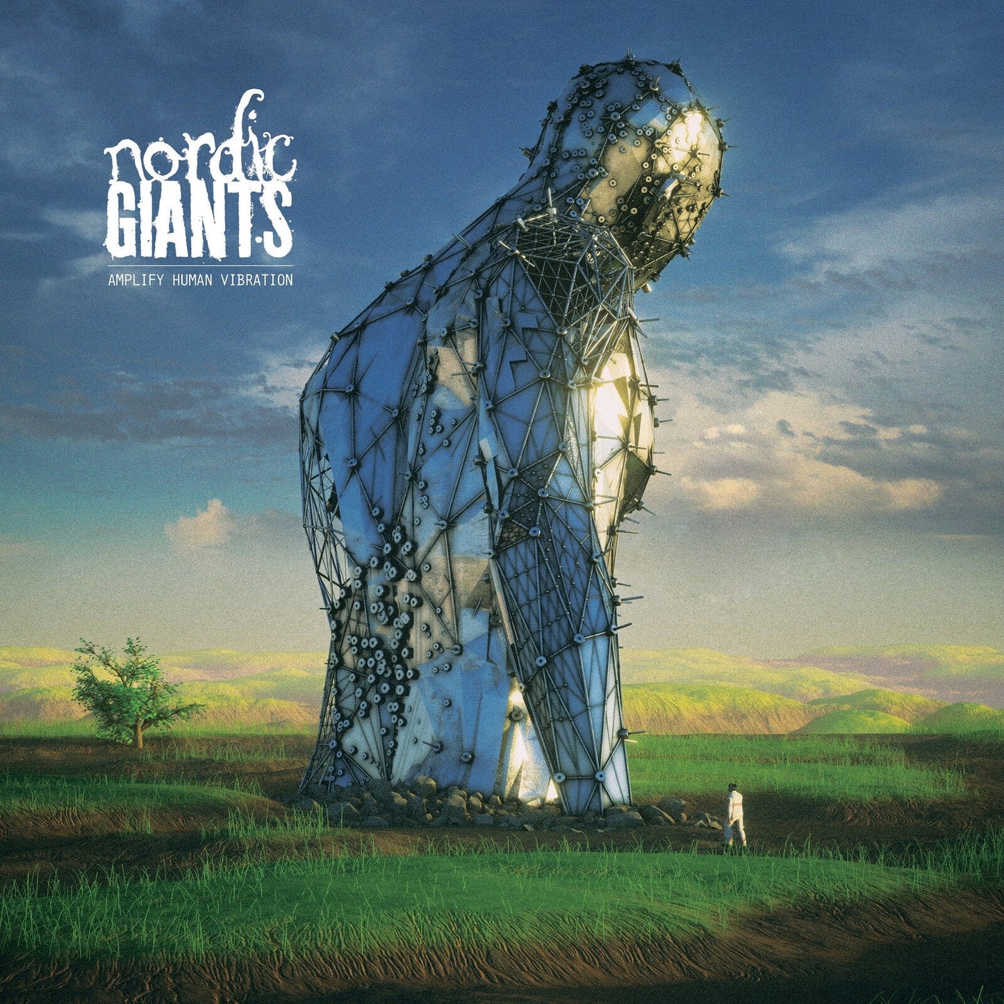 Album cover: wireframe giant figure standing in a grassy field.