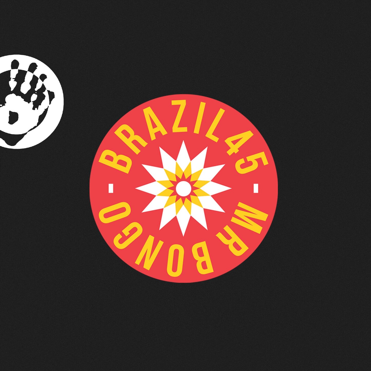 Dark background with a handprint and a circular Brazil45 record label.