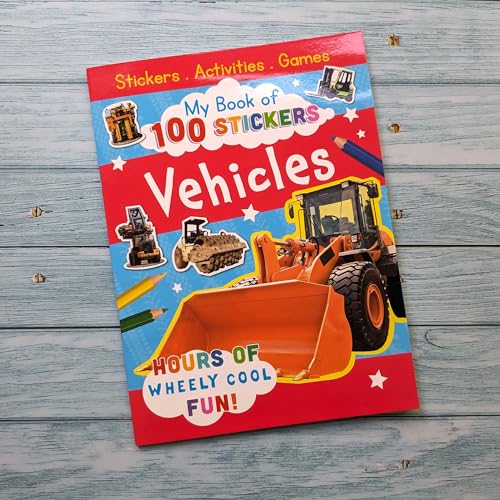 Red sticker book cover featuring construction vehicles and colorful text.