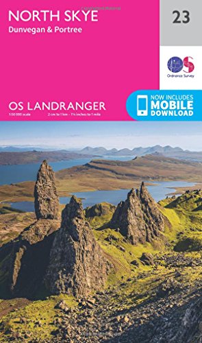Ordnance Survey Landranger map 23 of North Skye featuring a landscape photo of rock formations.