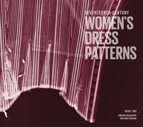 Book cover for seventeenth-century women’s dress patterns, featuring red stripes.