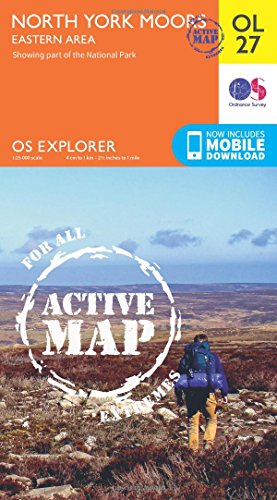 Orange and blue Ordnance Survey map of the North York Moors, with hiker.