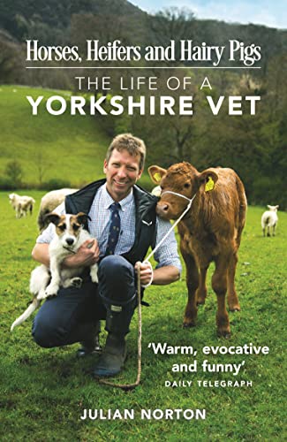 A male veterinarian holding a small dog and leading a calf in a field.