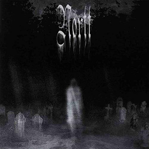 Dark, grainy image of a figure in a graveyard with band logo above.