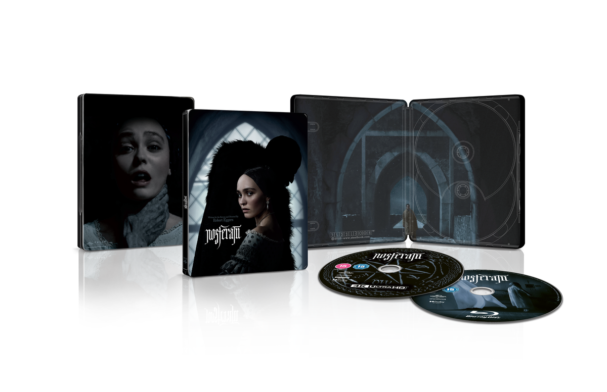 “Nosferatu” 4K UHD Blu-ray case open with two discs, featuring a pale figure.