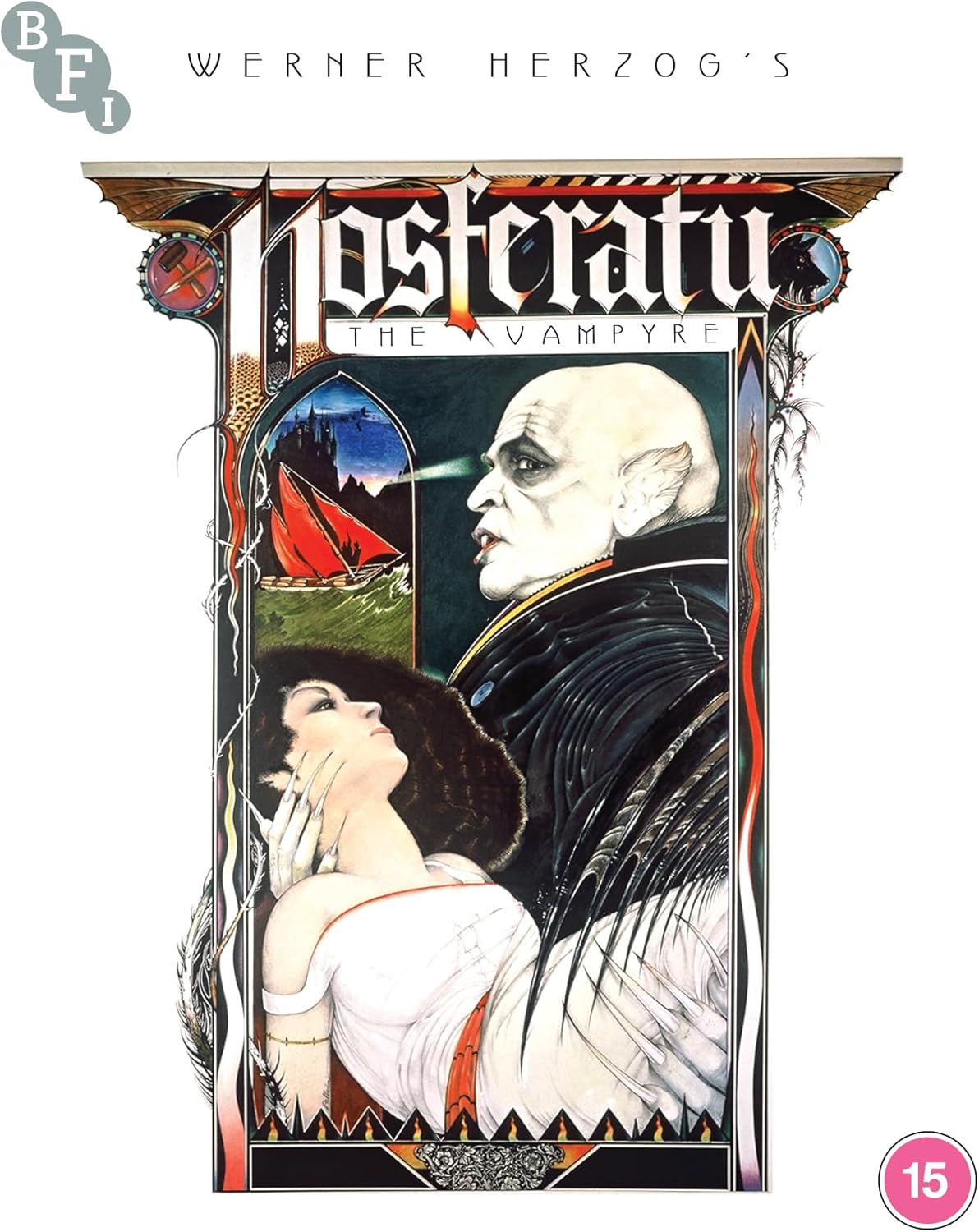 “Nosferatu the Vampyre” Blu-ray cover featuring a vampire and a distressed woman.