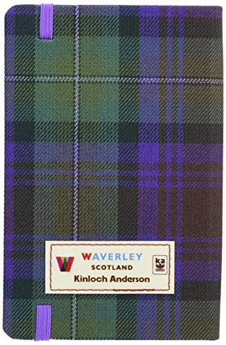 Green and purple tartan notebook with a white label reading "Waverley.