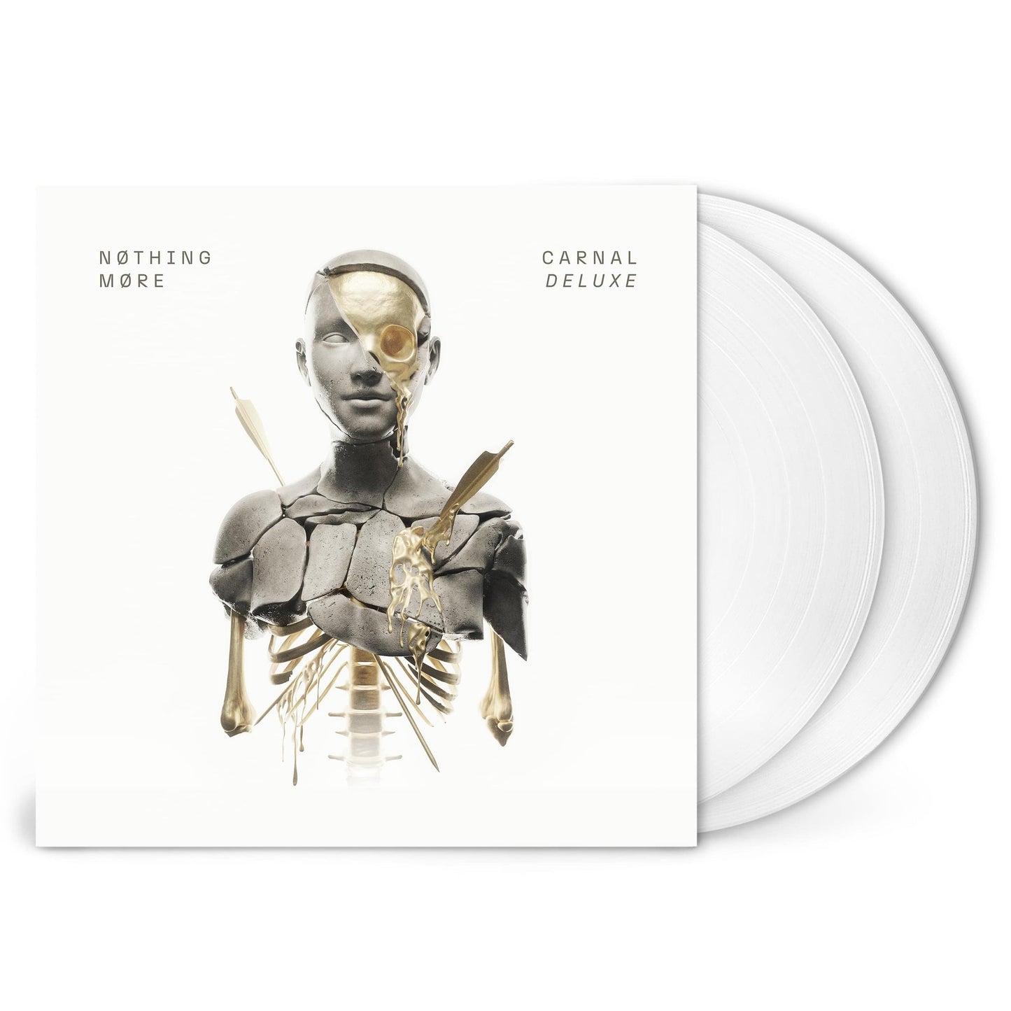 Vinyl album cover featuring a fragmented human bust with gold accents and two white records.