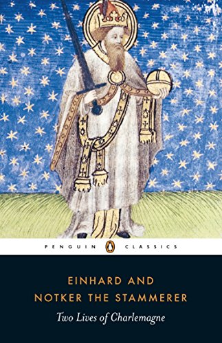 "Book cover featuring an illustration of Charlemagne with a sword and orb."