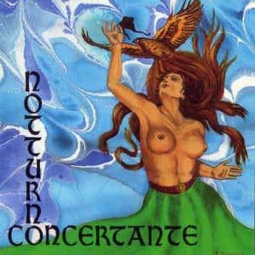 Painting of a nude woman with long hair and a bird in flight.