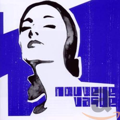 Black and white illustration of a woman's face on a blue and white background.