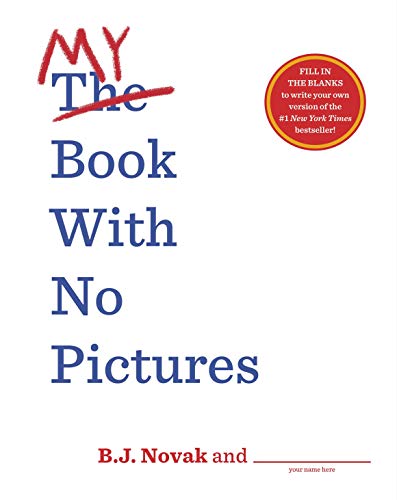 Book cover with red text, crossed-out words, and a fill-in-the-blanks sticker.