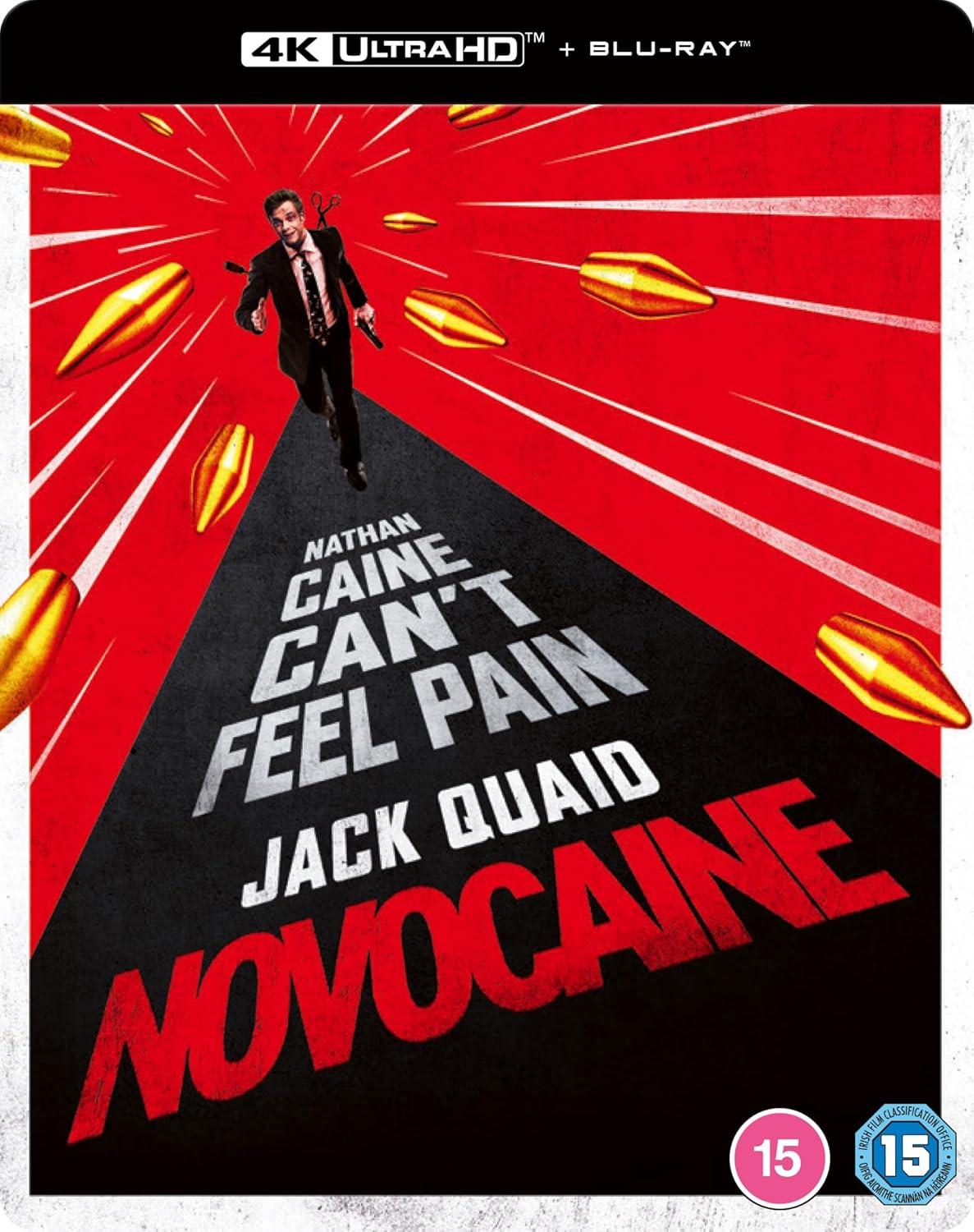 “Novocaine” SteelBook Blu-ray cover with Nathan Caine running from bullets.