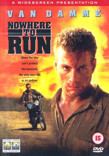 DVD cover for "Nowhere To Run" featuring Jean-Claude Van Damme, bruised and determined.