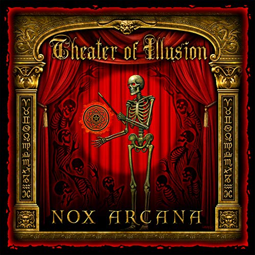 Album cover: skeleton performing magic on a stage with red curtains.