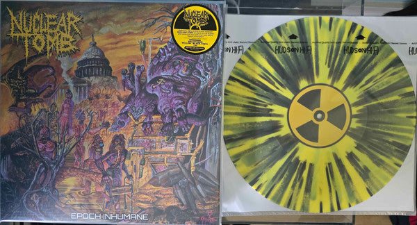 Nuclear Tomb" vinyl record with grotesque cover art and yellow-green swirl disc.