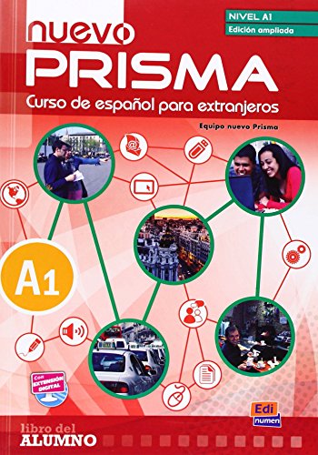 Spanish language textbook cover, “Nuevo Prisma A1”, with images of people and cities.