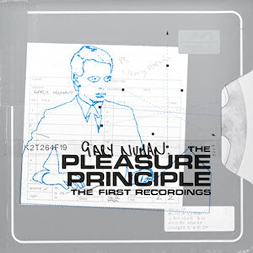 Line drawing of Gary Numan over a recording studio log sheet on vinyl cover.