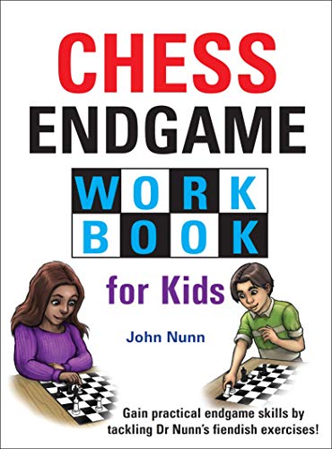 Chess endgame workbook cover with children playing, text reads "Chess Endgame Workbook for Kids".