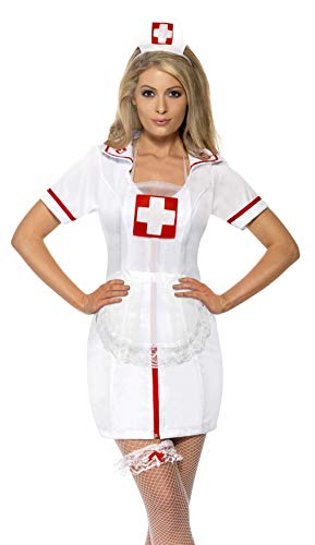 Woman in a white nurse's costume with red trim and fishnet stockings.