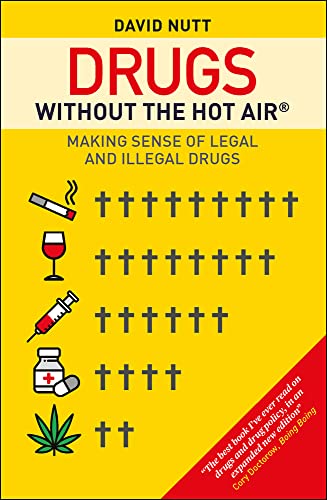 Book cover titled Drugs Without the Hot Air showing drug icons and cross symbols.