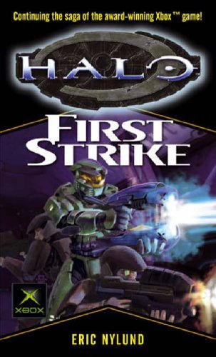 Book cover for “Halo: First Strike” featuring a Spartan soldier in green armor.