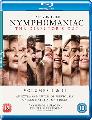 Nymphomaniac" Blu-ray cover with a collage of expressive faces and text.