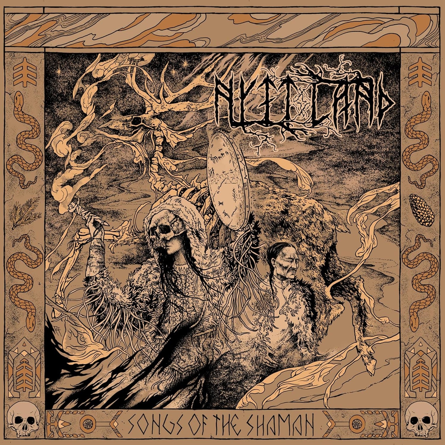 CD cover art: intricate, dark illustration of a shamanic figure and nature.