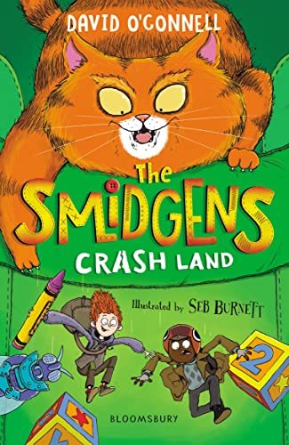 Book cover: orange cat, two children, and colorful building blocks.