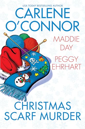 Book cover: “Christmas Scarf Murder” with knitting, skulls, and winter scenes.
