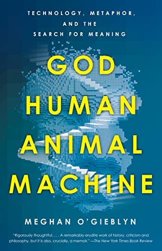 Book cover: "GOD HUMAN ANIMAL MACHINE" with a blue pixelated brain image.