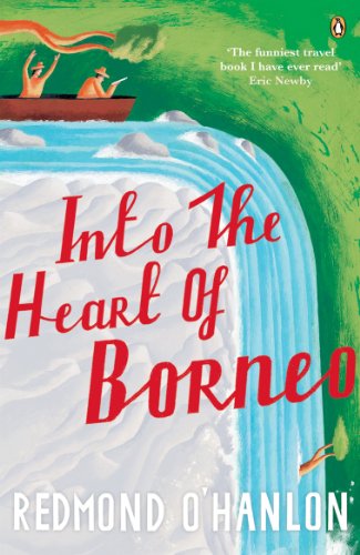 Book cover illustration of two people in a boat on a river in Borneo.