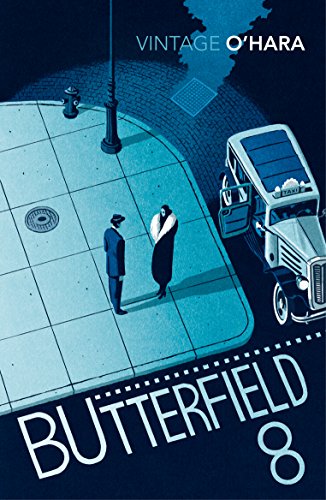 Vintage book cover: street scene with a couple and taxi, blue tones.