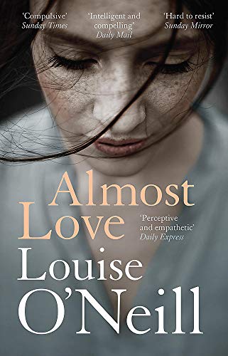 Book cover: woman’s face partially obscured by black lines, title “Almost Love”.