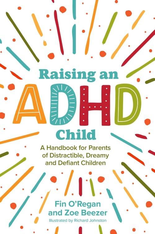 Book cover: "Raising an ADHD Child" with colorful starburst graphics.