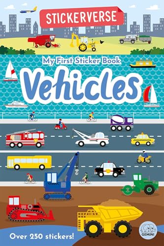Children’s sticker book cover featuring colorful illustrations of various vehicles.