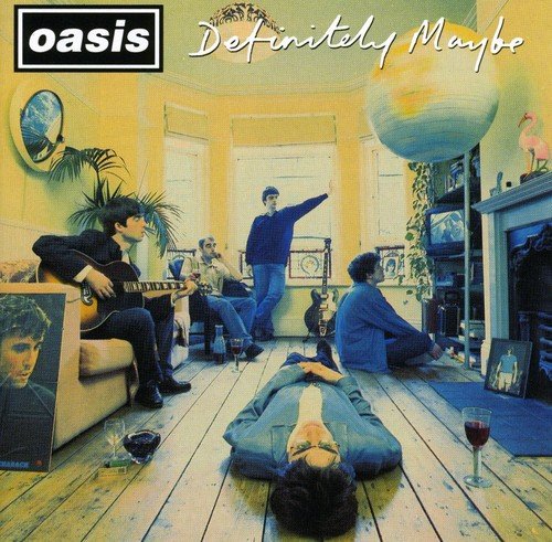 Oasis’ “Definitely Maybe” album cover: band in a cluttered, yellow room.