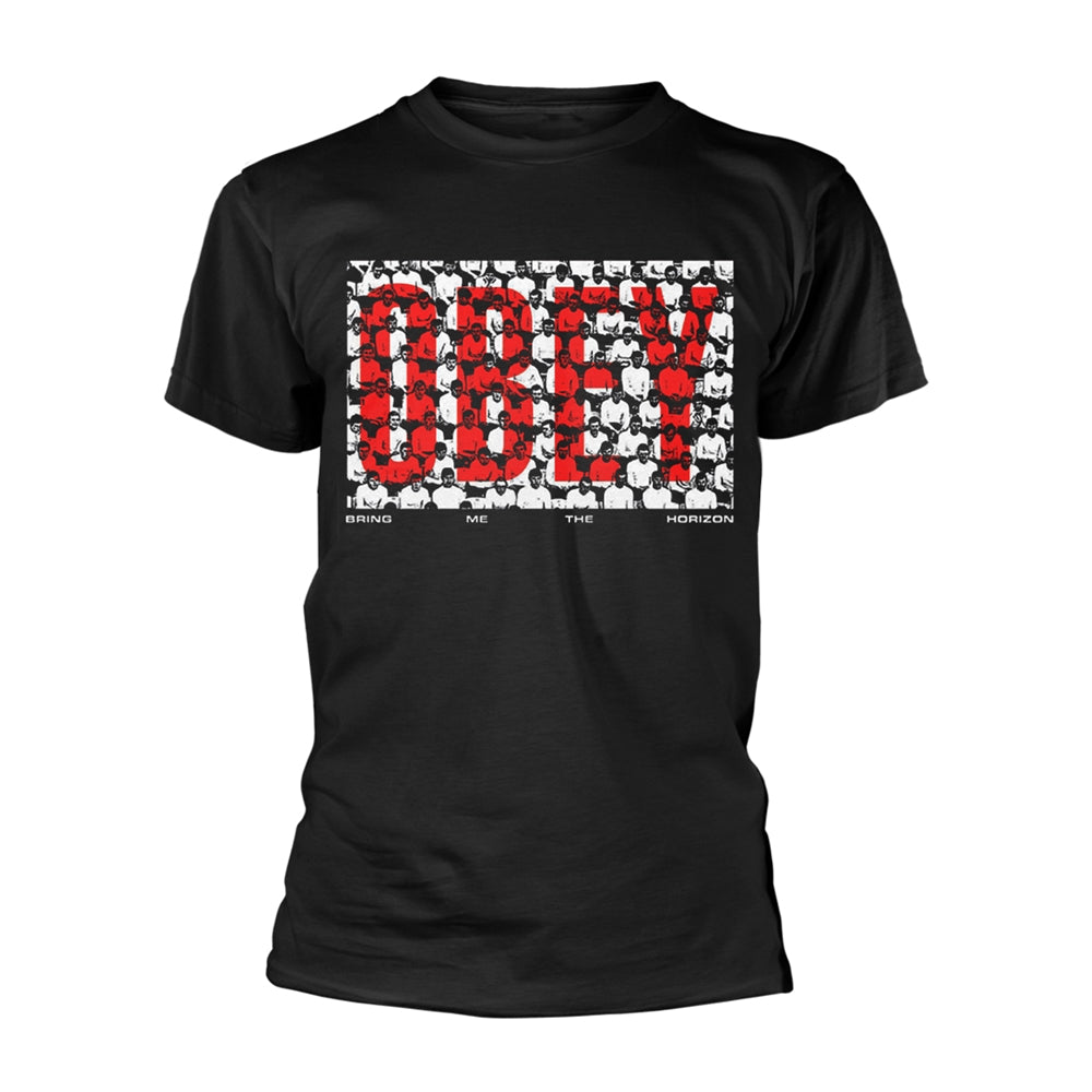 Black t-shirt with a repeating white and red face graphic and text.
