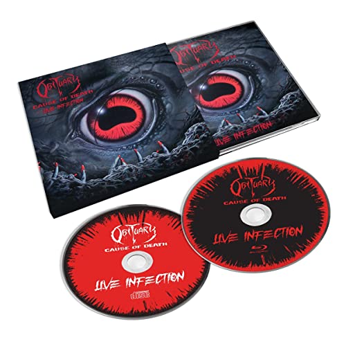 Obituary Cause of Death Live Infection CD and Blu-ray with red eye cover art.