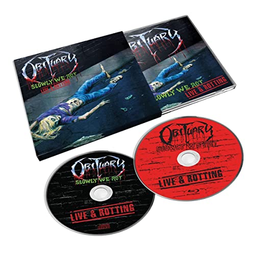 Obituary "Slowly We Rot" CD/Blu-ray package with red and black artwork.