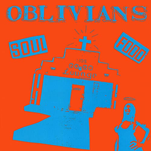Orange and blue album cover featuring a building with a cross and stylized text.