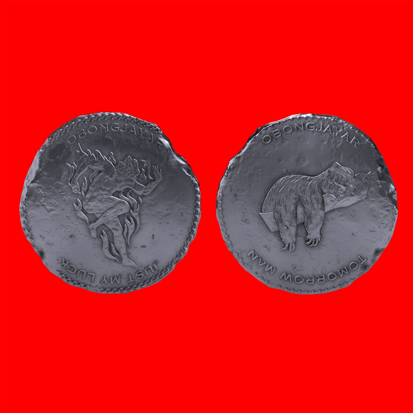 Two silver vinyl records with embossed animal designs on a red background.