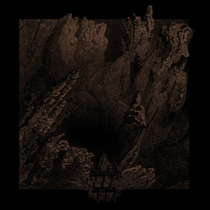Dark, textured illustration of jagged rock formations with an illegible black metal logo below.