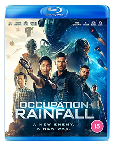 Blu-ray cover for Occupation: Rainfall featuring human and alien characters against a space battle background.